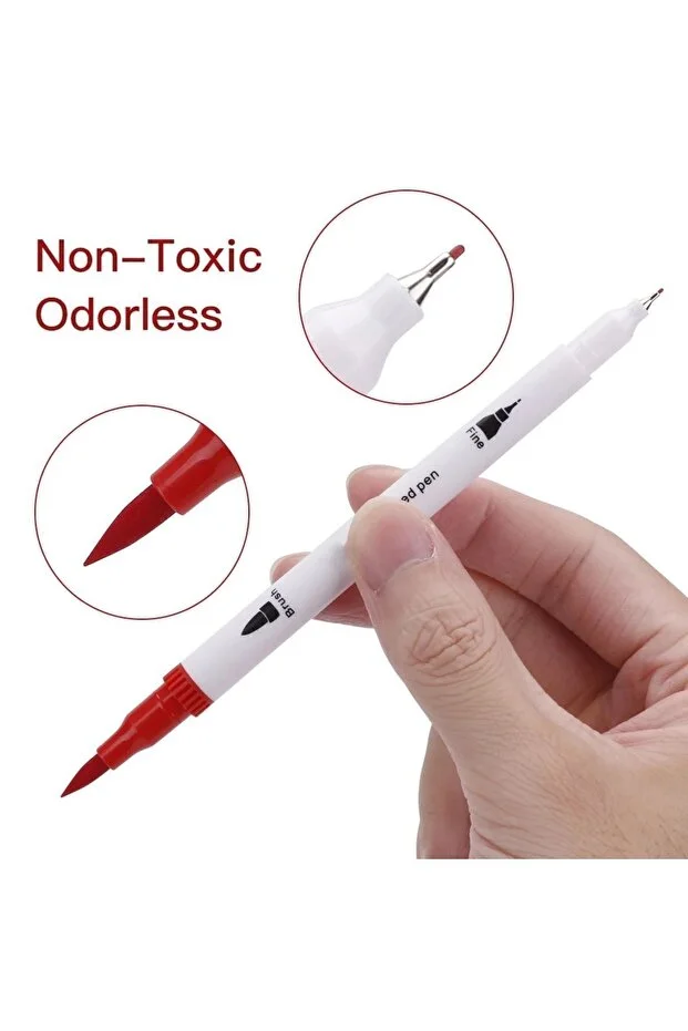 48 Li Çift Uçlu Fırça Ve 0.4 Mm Fine Uçlu Marker Kalem Seti Deri Tarzı Cüzdanlık Kalem Seti Pro